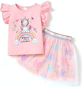 RETSUGO Girls Tulle Skirt Set Two Piece Ruffle Sleeve Unicorn T-Shirt Tutu Dress Summer Birthday Party Outfit 2-10 Years Retsugo