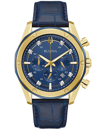 Мужские часы с хронографом и бриллиантовым акцентом на синем кожаном ремешке, 43 мм, подарочный набор Bulova