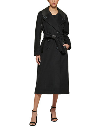Женское двубортное пальто с поясом и отделкой из искусственной кожи DKNY