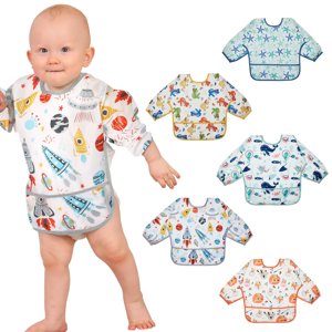 Lictin Baby Bibs for Boys Girls, 5 Pcs Long Sleeve Bib, Waterproof Toddler Baby Bibs, 0-24 Months Neutral Baby Smock for Eating Lictin