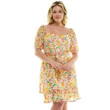 Juniors' Plus Size Lily Rose Puff Sleeve Belted Skater Dress Lily Rose