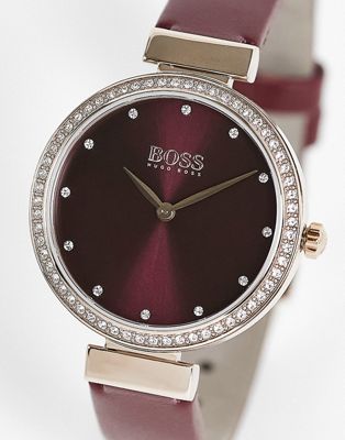 Классические часы BOSS бордового цвета с хрустальными деталями и ремешком из натуральной кожи HUGO BOSS