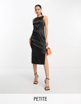 Черное атласное платье миди с разрезом Urban Threads Petite Urban Threads