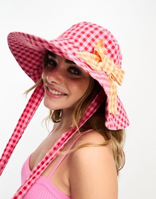 Neon Rose contrast bow detail wide brimmed hat in pink gingham Neon Rose