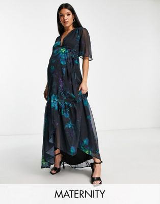 Hope & Ivy Maternity wrap maxi dress in blue floral Hope & Ivy Maternity