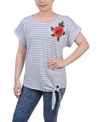 Women's Short Sleeve Embroidered Tie Front Top NY Collection