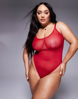 ASOS DESIGN Curve Lara spot mesh & lace soft bodysuit in red ASOS Curve