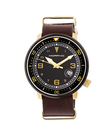 Серия M58, золотой корпус, часы НАТО с темно-коричневым кожаным ремешком и датой, 42 мм Morphic