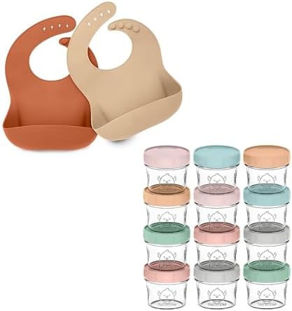 KeaBabies 2-Pack Silicone Bibs For Babies 12-Pack Glass Baby Food Freezer Containers - Silicone Baby Bibs for Eating, 4oz Containers with Lids, Food-Grade Pure Silicone Bib KeaBabies