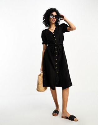 Черное льняное платье-рубашка миди Vila Vila