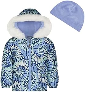 LONDON FOG Girls' Winter Jacket, Hood with Faux Fir Trim, Stylish Perwinkle Kaleidoscope Design with Matching Fleece Beanie, PERI, 5/6 London Fog