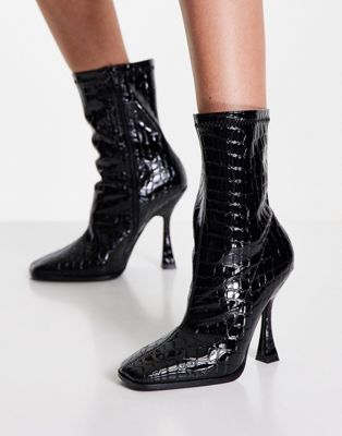 Гламурные ботинки-носки на каблуке из черного крокодила GLAMOROUS