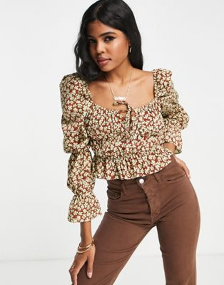Glamorous square neck blouse with shirred waist in brown floral GLAMOROUS