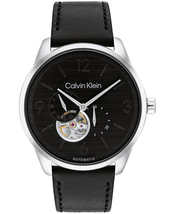 Мужские автоматические часы с черным кожаным ремешком, 44 мм Calvin Klein