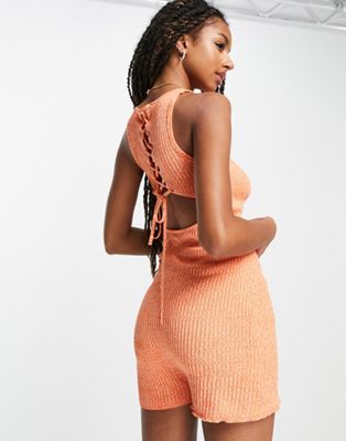 ASYOU lace-up tie back knit unitard in orange AsYou