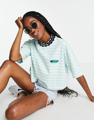 Quiksilver 90's striped cropped t-shirt in blue Exclusive at ASOS Quiksilver
