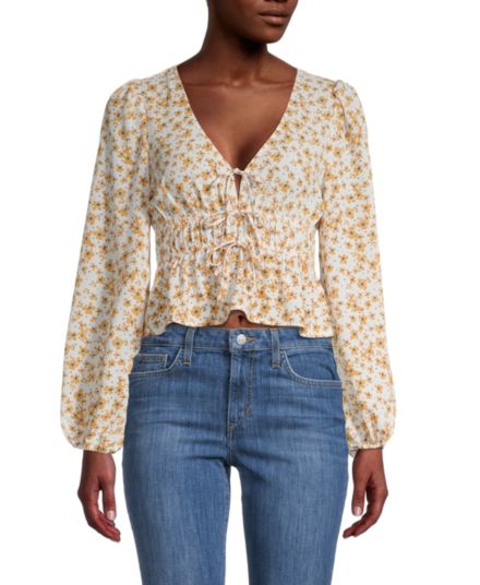 ​Floral-Print Smocked Tie-Front Cropped Top Lush