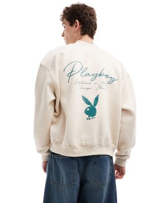 Mennace x Playboy jersey bomber jacket in off white with logo embroidery and back print Mennace
