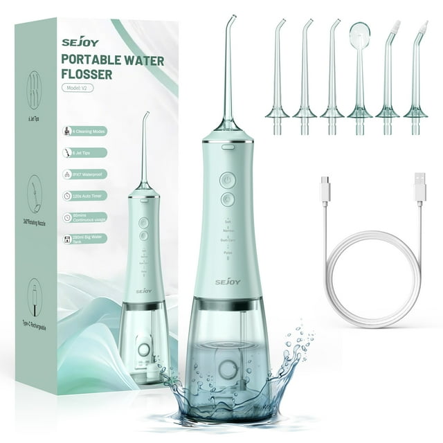 Sejoy Water Flosser, Water Dental Flosser Pick for Teeth,Cordless Portable Oral Irrigator Electric Teeth Cleaner with 6 Jet Tips,280ML,Green Sejoy