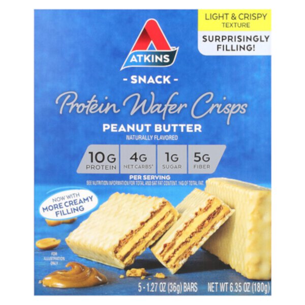 Snack, Протеиновые вафельные чипсы, арахисовое масло, 5 батончиков, по 1,27 унции (36 г) каждый Atkins