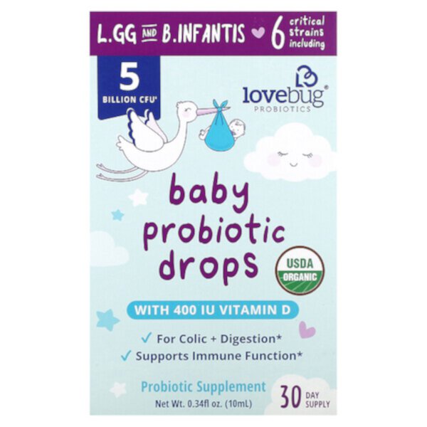 Детские пробиотические капли, 5 миллиардов КОЕ, 0,34 жидких унции (10 мл) LoveBug Probiotics