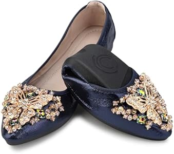 KUNWFNIX Women Ballet Flats Rhinestone Wedding Ballerina Shoes Foldable Sparkly Comfort Slip on Flat Shoes KUNWFNIX