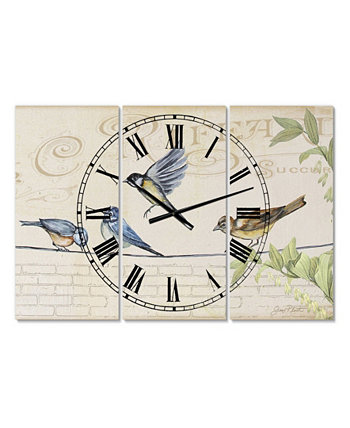 Птицы, собранные на проволоке, Париж I. Негабаритный коттедж, 3 панели, настенные часы - 38 "x 38" x 1 " Designart
