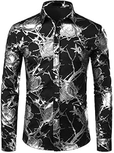 ZEROYAA Mens Hipster 3D Golden Rose Floral Printed Slim Fit Long Sleeve Button Down Dress Shirts Zeroyaa