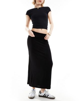 Stradivarius STR fold over waist midi skirt with side slit in black Stradivarius