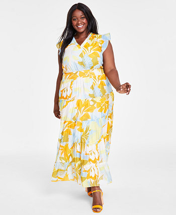 Plus Size Printed Flutter-Sleeve Tiered Maxi Dress Vince Camuto