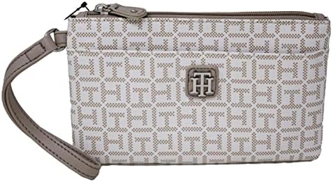 Tommy Hilfiger Women White Tan Coated Canvas Logo Print Wristlet Wallet Clutch Bag Tommy Hilfiger