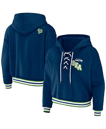 Women's Navy Seattle Seahawks Lace-Up Pullover Hoodie WEAR by Erin Andrews