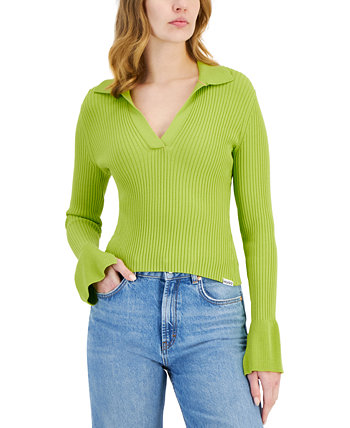 Женский вязаный свитер в рубчик с длинными рукавами, воротником и v-образным вырезом HUGO BOSS