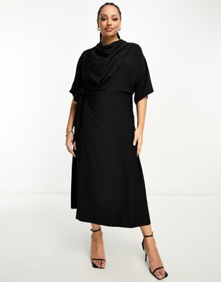 Черное платье миди с воротником-хомутом и юбкой с запахом ASOS DESIGN Curve ASOS Curve