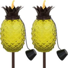 Sunnydaze Tropical Pineapple 3-in-1 Yellow Glass Outdoor Torches - Set of 2 Sunnydaze Decor