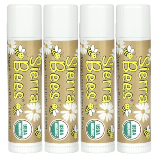 Органические бальзамы для губ, масло какао, 4 упаковки по 0,15 унции (4,25 г) каждая Sierra Bees