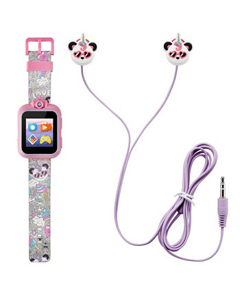 Детские умные часы с серебристым оттенком и блестящей пандой, единорогом, силиконовым ремешком, сенсорным экраном, 42 мм, подарочный набор с наушниками Playzoom