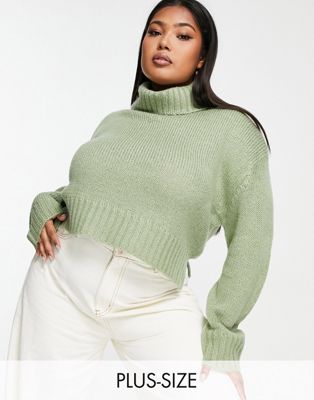 Brave Soul Plus cattio boxy cropped roll neck sweater in sage Brave Soul Plus