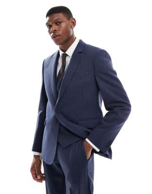 ASOS DESIGN slim suit jacket with wool in blue herringbone Asos Design