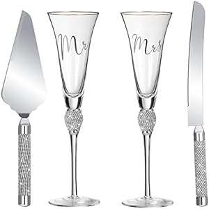 Boao 4 Piece Wedding Toasting Flutes and Cake Server Set Wedding Reception Supplies Champagne Glasses Cake Knife Pie Server (Gold) Boao