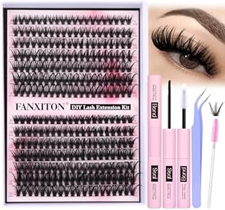 FANXITON DIY Lash Extension Kit Fluffy Lash Clusters 288 pcs Thick Lash Clusters Kit D Curl 10-18 mm Cluster Eyelash Extension Kit with Lash Bond and Seal Lash Tweezers Individual Lashes For Beginners FANXITON