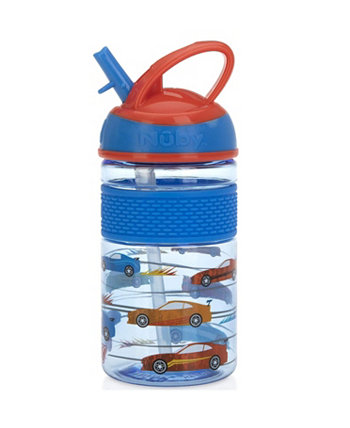 Thirsty Kids Flip-it On the Go Water Bottle with Bite Resistant Hard Straw Cup, Blue Cars, 12 Ounce NUBY