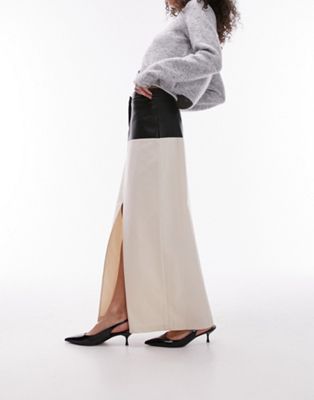 Topshop twill maxi skirt in cream with contrast PU trim in black TOPSHOP