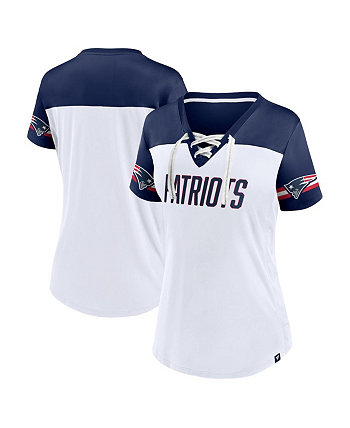 Женская белая футболка New England Patriots Dueling с наклонным v-образным вырезом и шнуровкой Fanatics