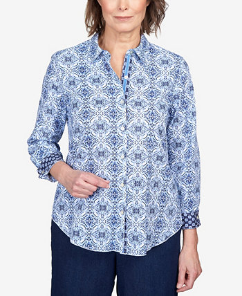 Women's Moody Blues Monotone Medallion Ribbon Trim Button Down Top Alfred Dunner