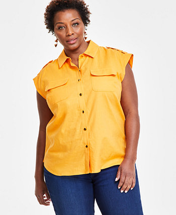 Plus Size Linen-Blend Sleeveless Utility Shirt, Created for Macy's I.N.C. International Concepts