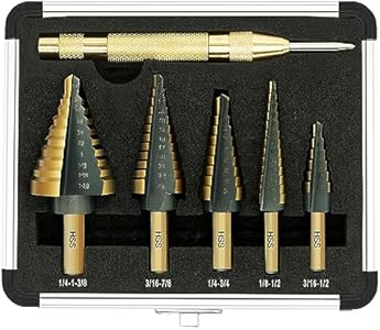 5Pcs Step Drill Bit & 5Pcs Countersink Drill Bit Set, Titanium Coated, 50 Sizes of Step Bit for Metal with Aluminum Case, Multiple Hole Stepped Up Bits for DIY Gmtools