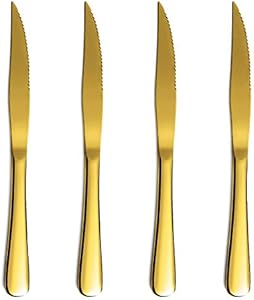 Gold Steak Knife Set, Kyrtaon Golden Serrated Knife, Titanium Gold Plating Stainless Steel Sharp Knives Set, Dinner Knifes Set of 4, Dishwasher Safe Sturdy And Easy To Clean Kyraton