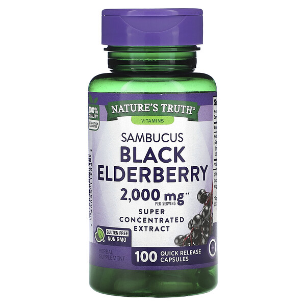 Бузина черная Sambucus, 2000 мг, 100 капсул быстрого высвобождения (1000 мг на капсулу) Nature's Truth