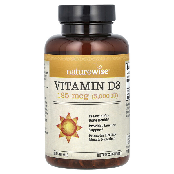 Витамин D3 - 125 мкг (5000 МЕ) - 360 мягких капсул - NatureWise NatureWise